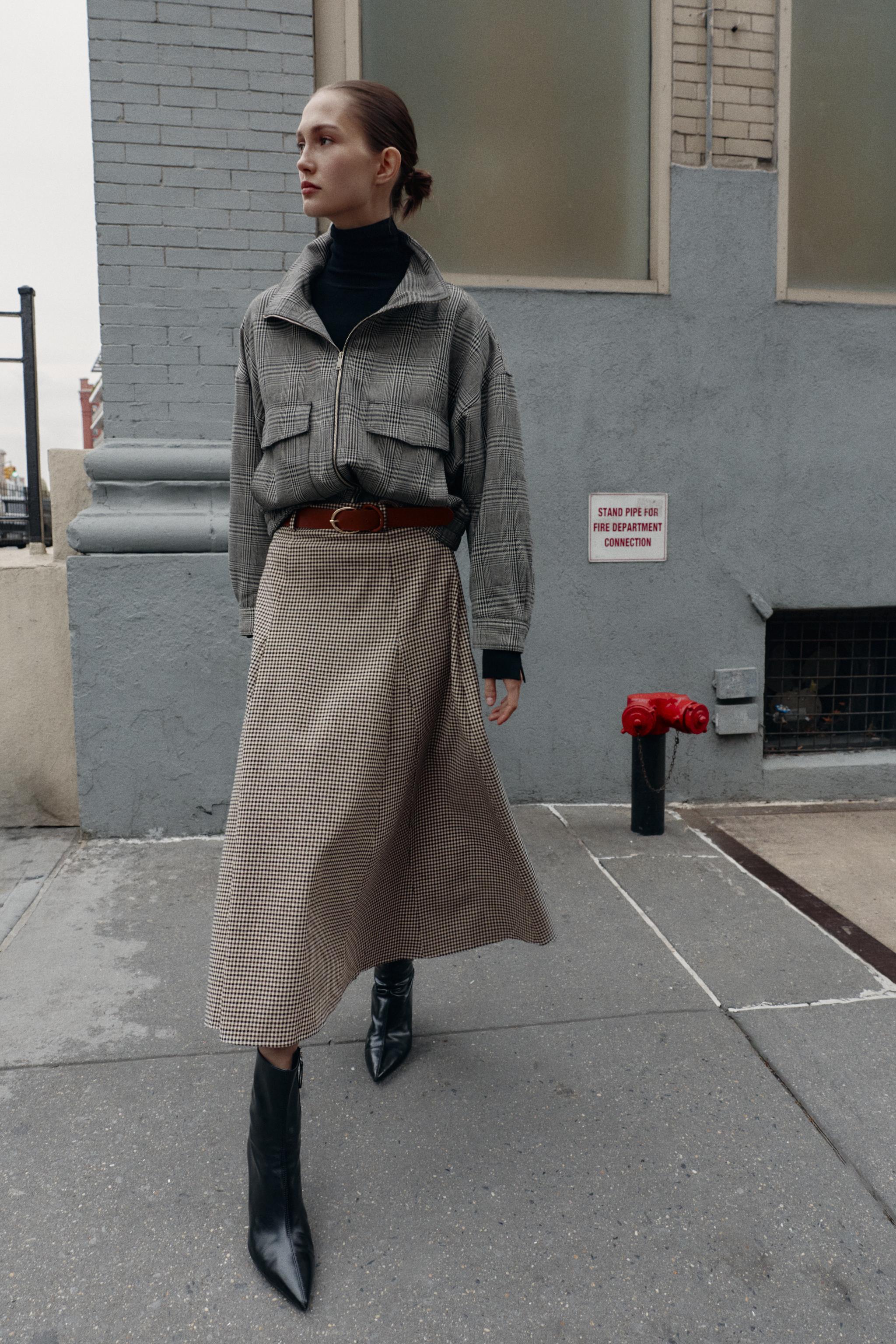 JUPE MI-LONGUE CAPE CEINTURE PIED-DE-POULE